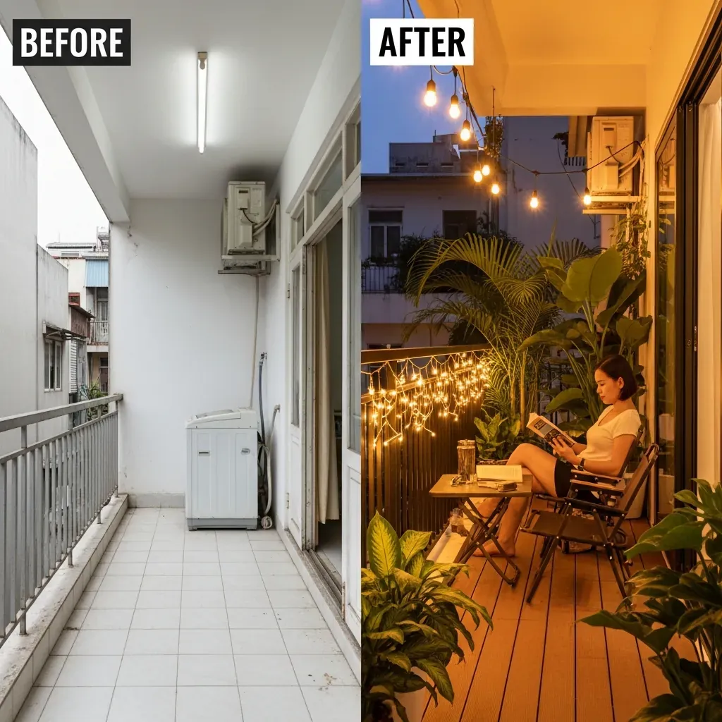 So sánh ban công trước và sau cải tạo: bên trái đơn điệu với đèn huỳnh quang, bên phải ấm cúng với đèn LED vàng và sàn gỗ