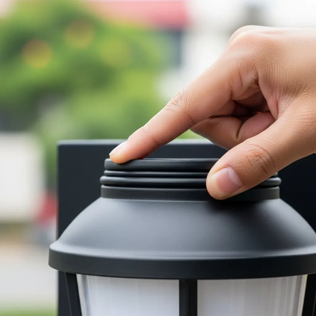 Bàn tay kiểm tra gioăng cao su chống nước của đèn hắt ngoài trời.