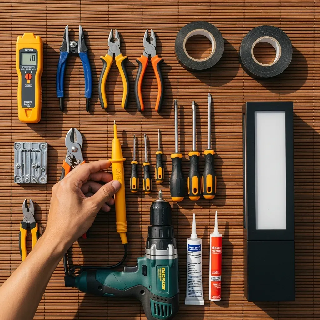 Bộ dụng cụ chuẩn bị lắp đặt đèn hắt ngoài trời: bút thử điện, băng keo chống nước, đèn.
