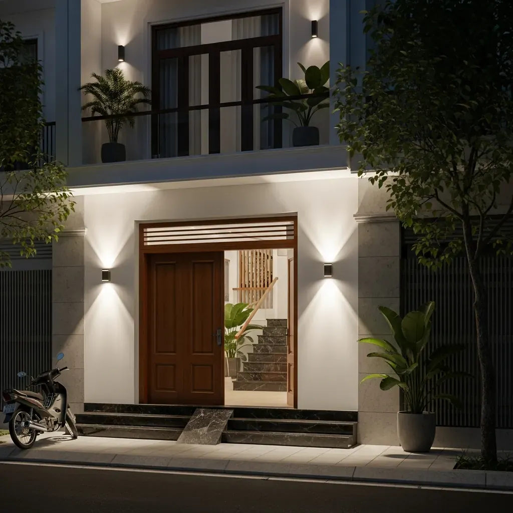 Mặt tiền nhà phố hiện đại ngang 5m được chiếu sáng bằng hai đèn hắt tường đối xứng.