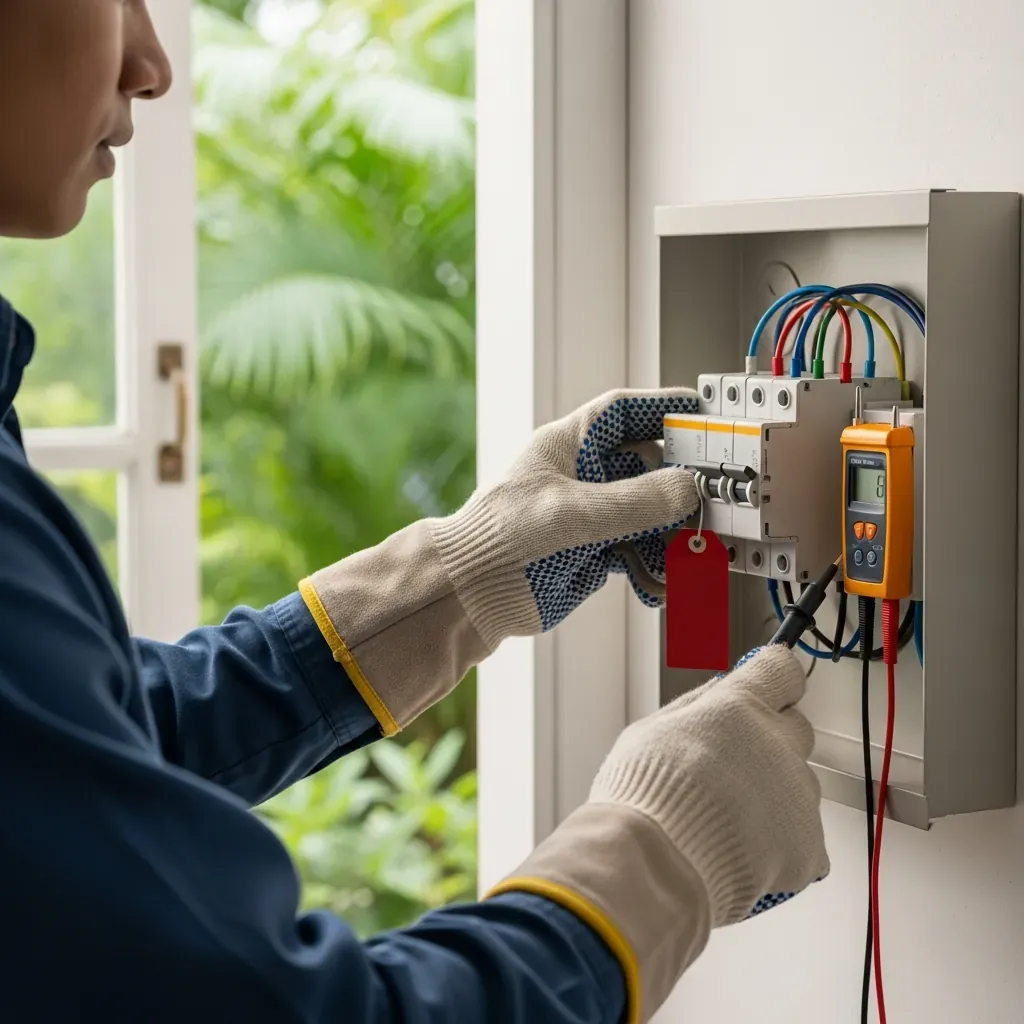 Ngắt aptomat và kiểm tra bằng bút thử điện trước khi lắp đèn.