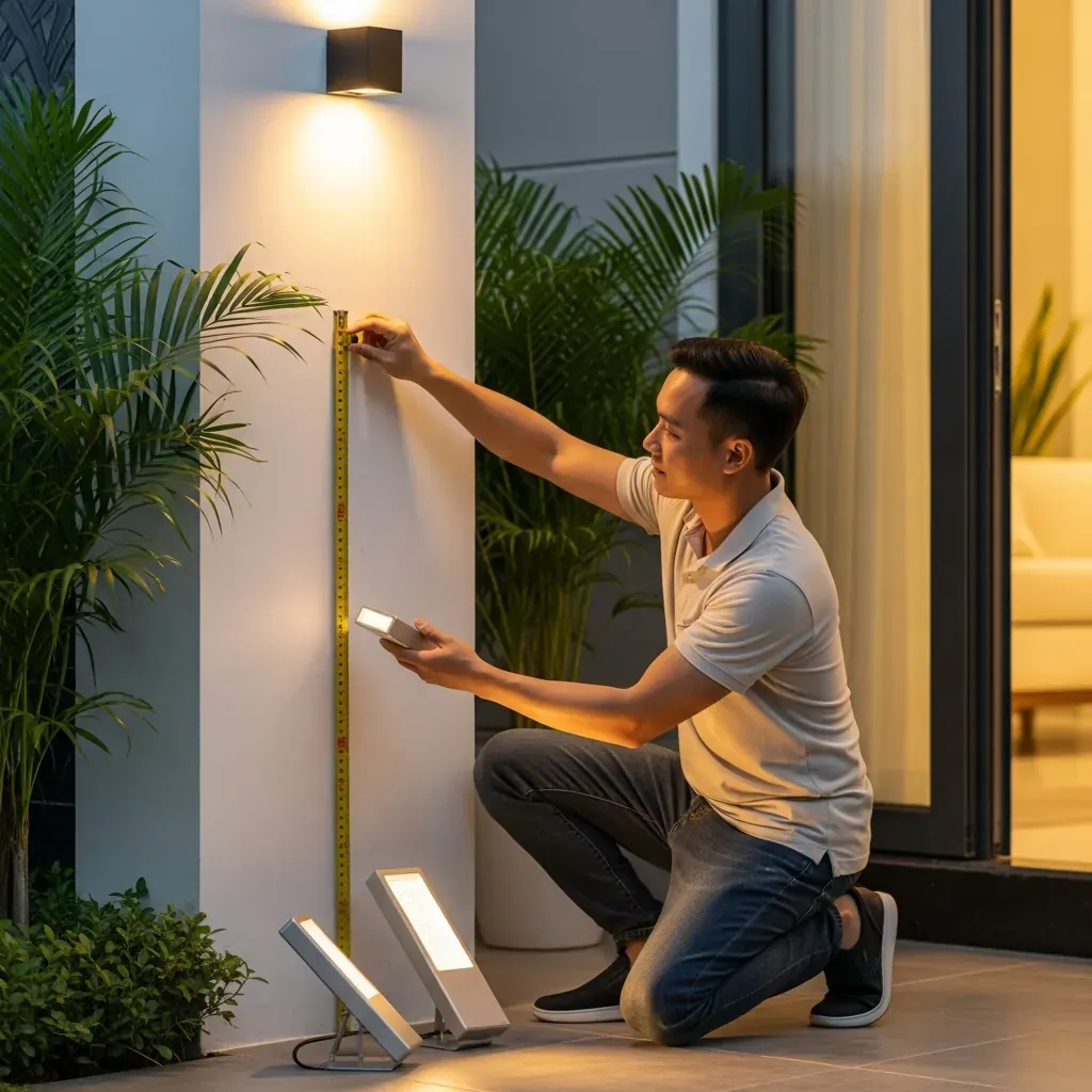 Người đàn ông Việt Nam đo khoảng cách lắp đèn hắt tường ngoài trời để chọn kỹ thuật phù hợp.
