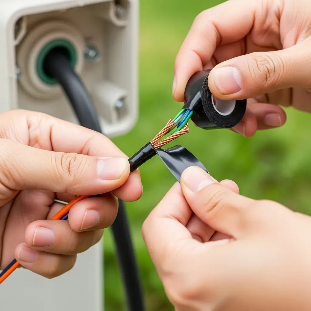 Quấn băng keo cách điện chống nước cho mối nối dây đèn ngoài trời.