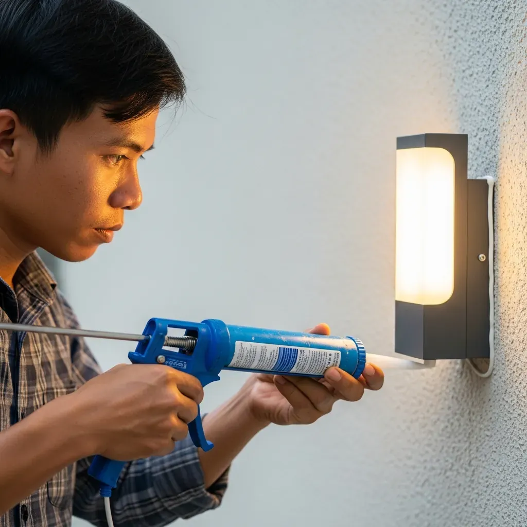 Trám keo silicone chống thấm quanh đế đèn hắt ngoài trời sau khi lắp.