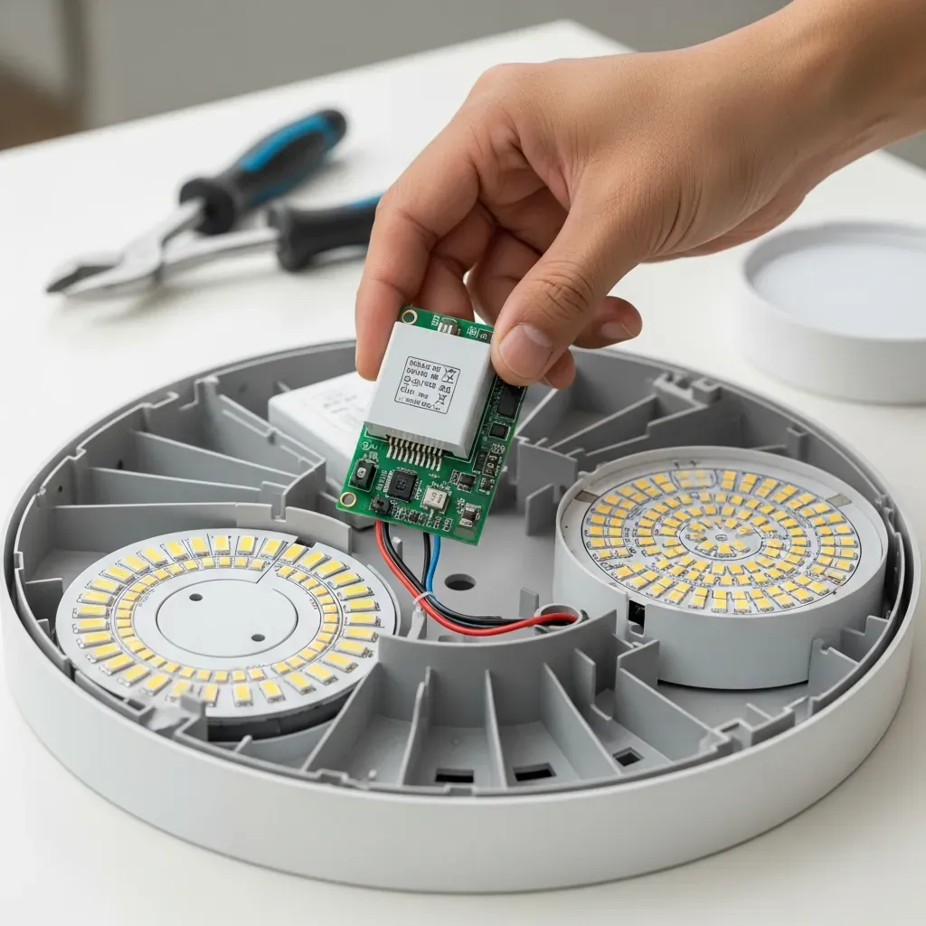 Cận cảnh bộ driver rời có thể thay thế của đèn LED ốp trần
