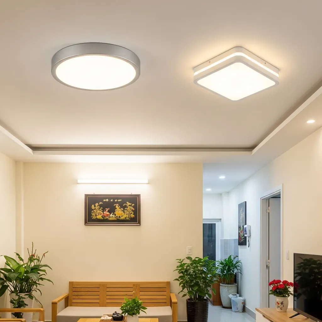 Hai loại đèn ốp trần tròn và vuông trong phòng khách chung cư Việt Nam