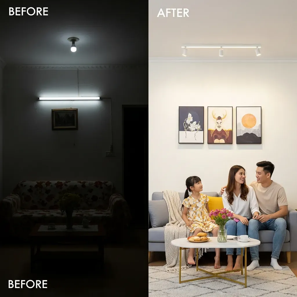 Phòng khách chung cư trước và sau khi nâng cấp ánh sáng từ một đèn mờ thành ba đèn LED