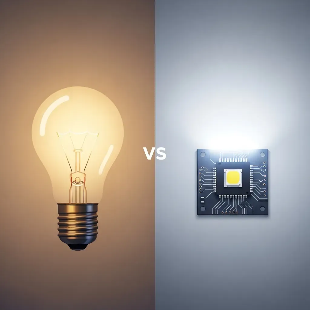 So sánh trực quan giữa lumen và watt: đèn sợi đốt lớn phát sáng yếu và chip LED nhỏ phát sáng mạnh