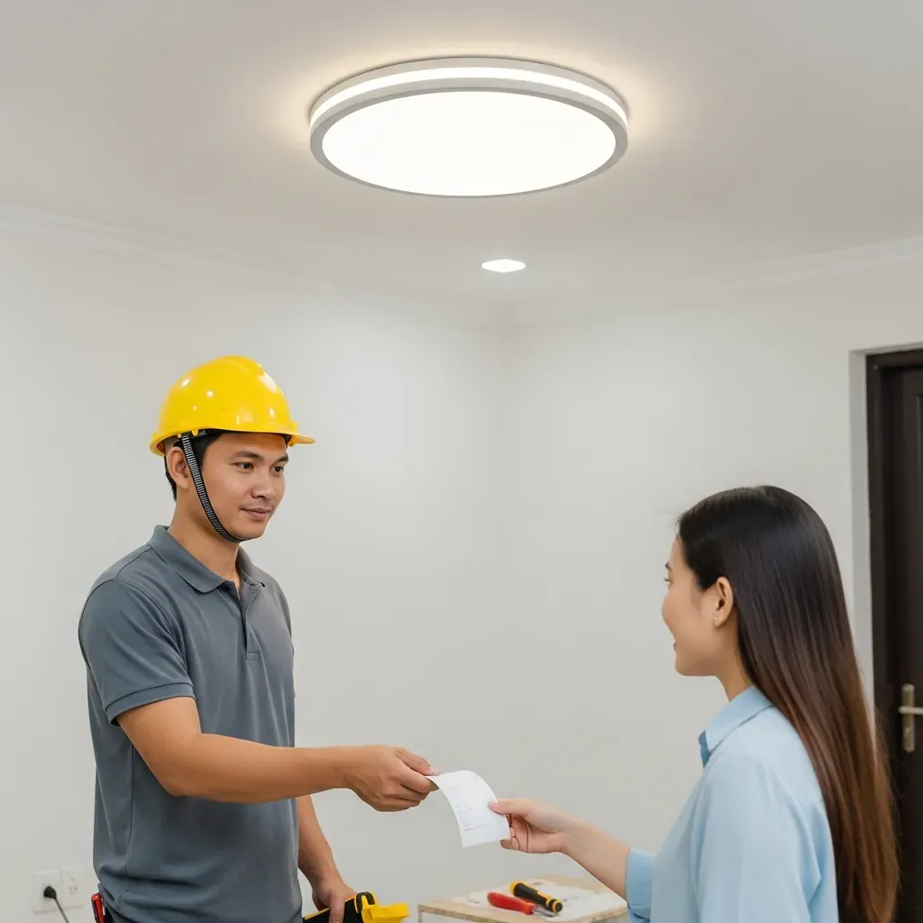 Thợ điện Việt Nam bàn giao sau khi lắp đèn ốp trần, thể hiện chi phí lắp đặt