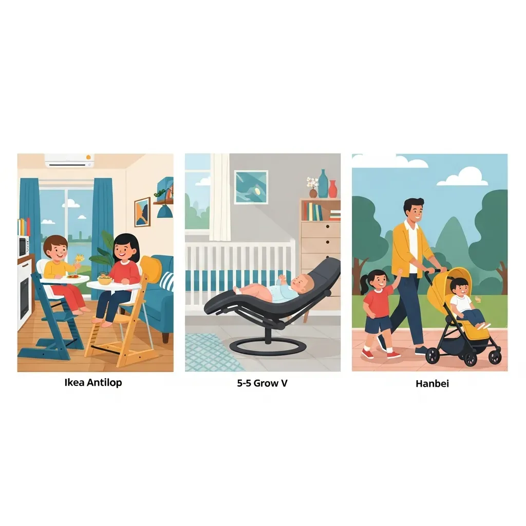 Ba khung cảnh so sánh ghế ăn dặm: căn hộ nhỏ với Ikea Antilop, phòng bé với Chilux Grow V ngả, công viên với Hanbei biến thành xe đẩy.