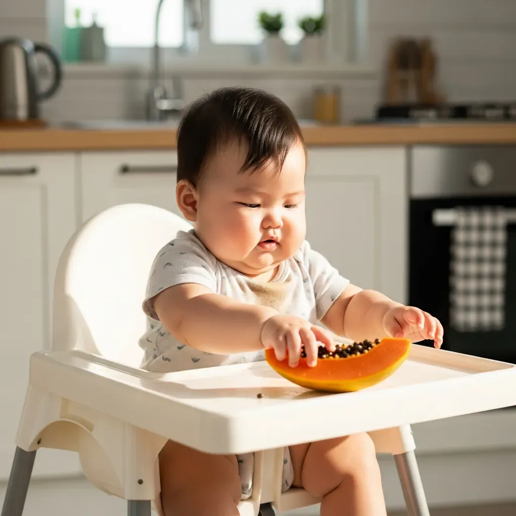 Bé 7 tháng tuổi ngồi vững trong ghế, với tay lấy miếng đu đủ, không cần trợ giúp.