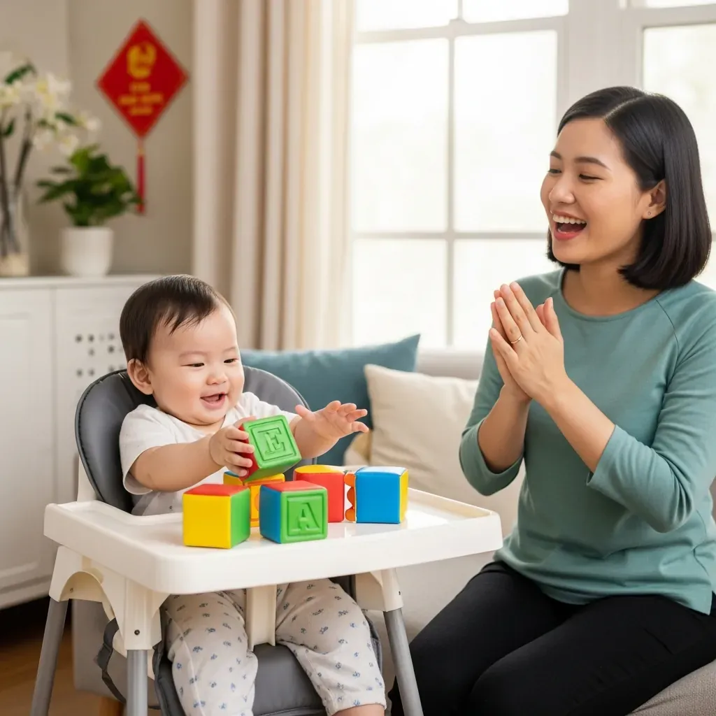 Bé ngồi ghế chơi các khối màu sắc, mẹ vỗ tay khen ngợi nhiệt tình.