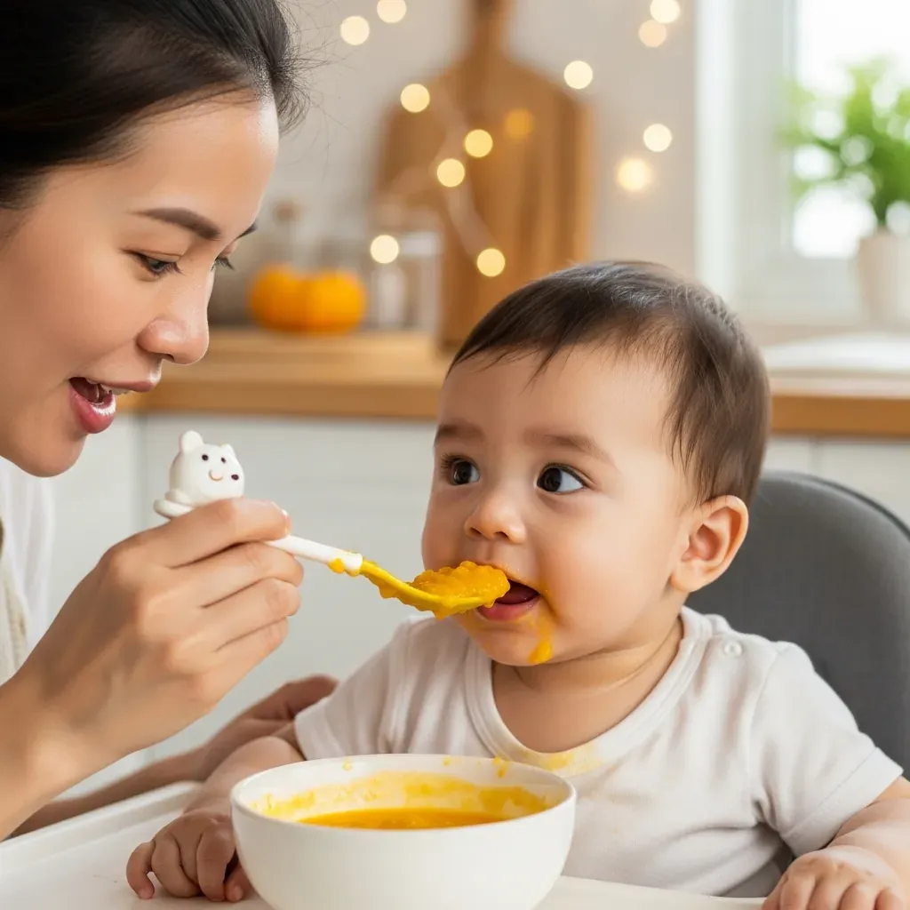 Cận cảnh mẹ Việt đút cháo bí đỏ cho bé ngồi ghế, thìa hình thú ngộ nghĩnh.