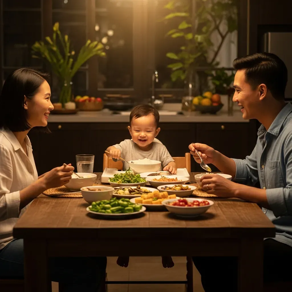 Gia đình Việt quây quần bữa cơm, bé tập ngồi ghế ăn dặm tham gia cùng cả nhà.
