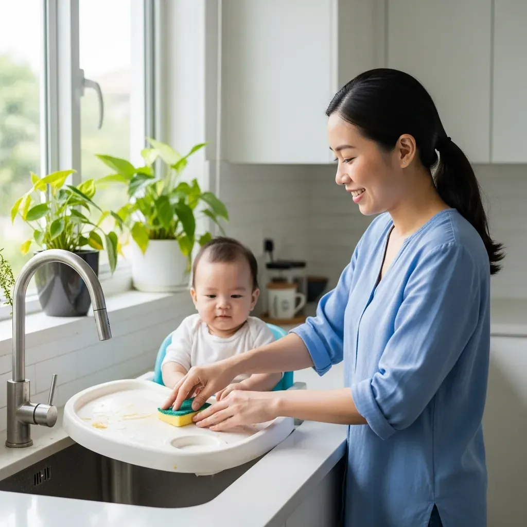 Mẹ Việt Nam tháo khay ghế ăn dặm, rửa sạch dưới vòi nước, bé vui vẻ bên cạnh.