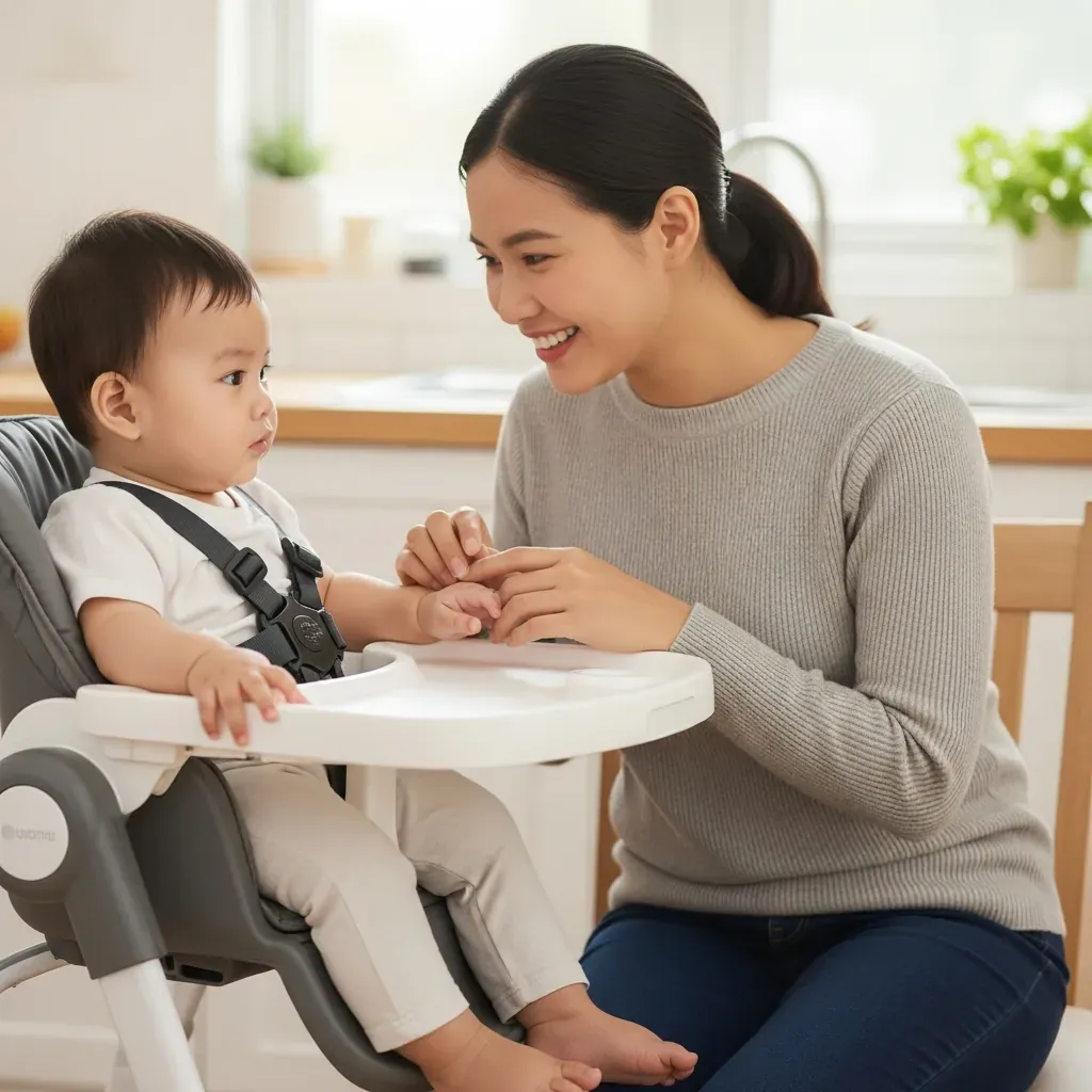 Mẹ Việt trẻ ngồi cạnh ghế ăn dặm, bé được thắt đai 5 điểm an toàn, tay mẹ nhẹ nhàng chạm tay con.
