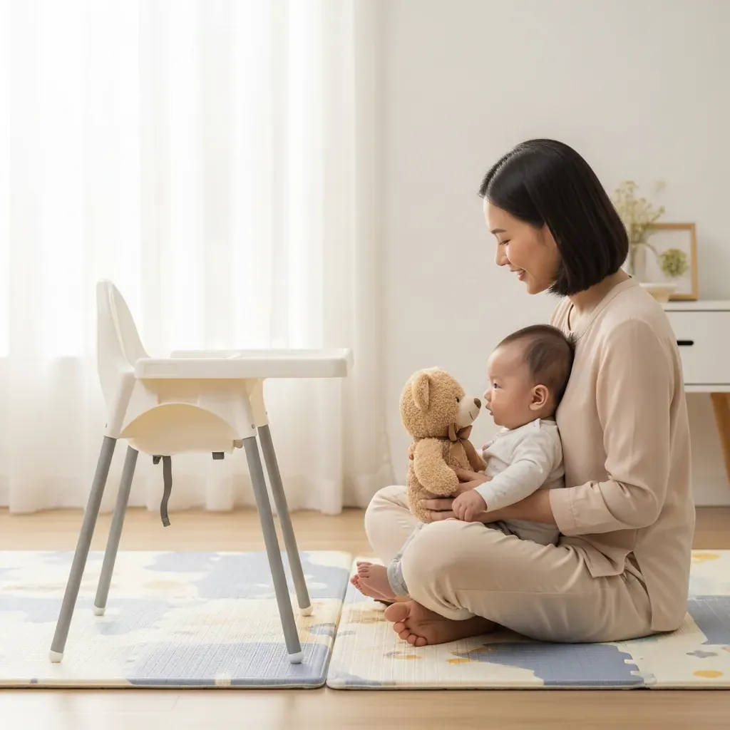 Mẹ Việt trẻ ngồi với bé trước ghế ăn dặm, cầm gấu bông tạo tâm lý thoải mái.