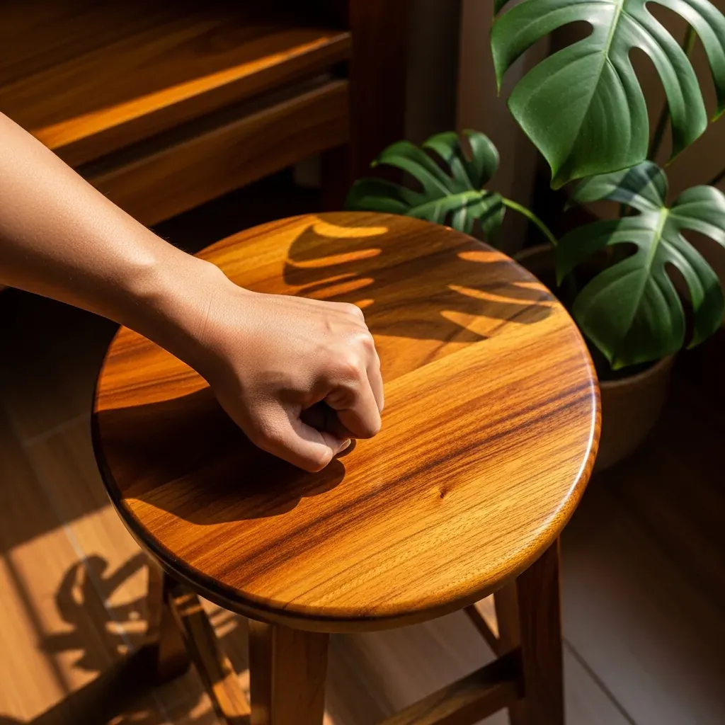 Bàn tay gõ nhẹ lên mặt ghế đôn gỗ để kiểm tra chất lượng qua âm thanh.