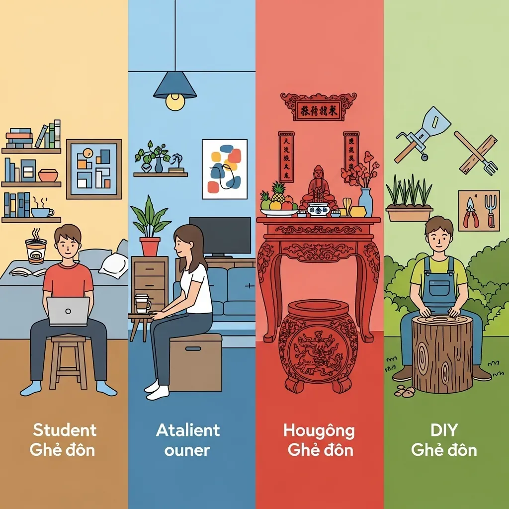 Bốn nhóm người dùng ghế đôn gỗ: sinh viên, chủ căn hộ, gia chủ, người yêu DIY.
