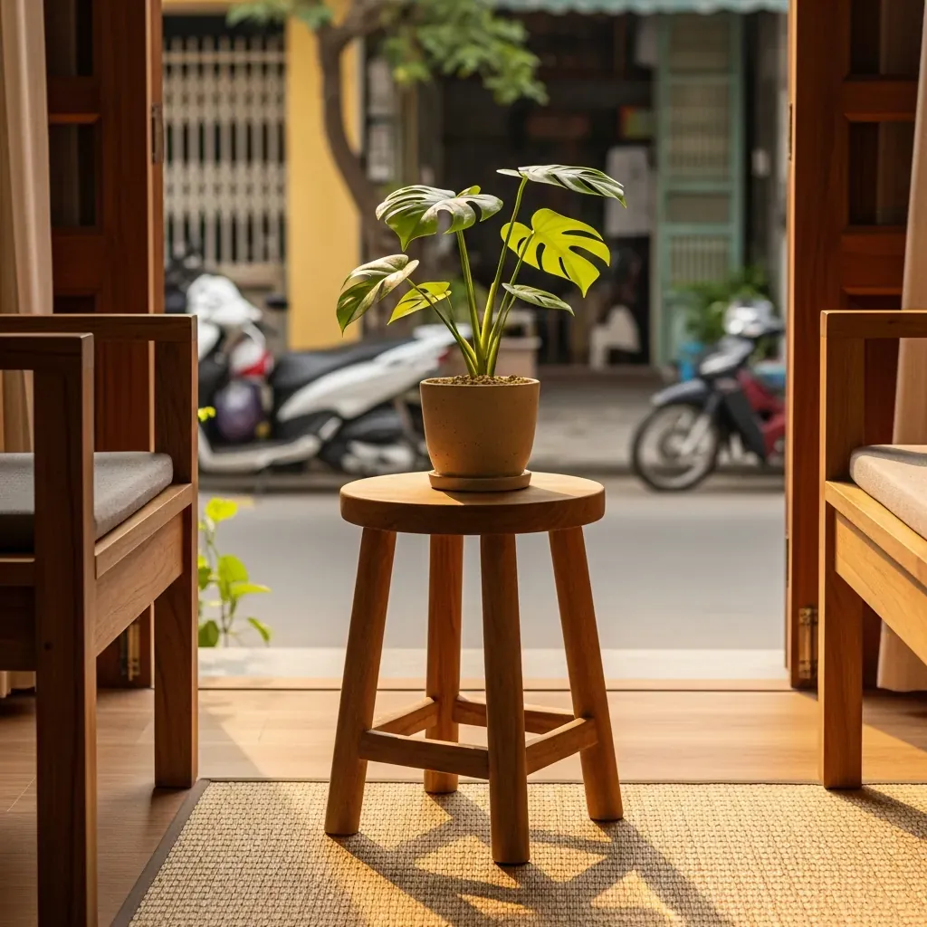Ghế đôn gỗ được dùng làm bàn phụ trong phòng khách nhà Việt.