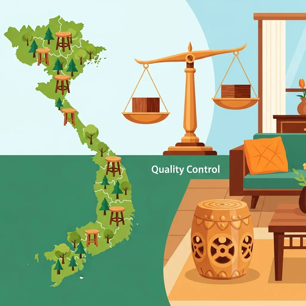 Minh họa thị trường nội thất gỗ Việt Nam với biểu tượng xuất khẩu và nội địa.