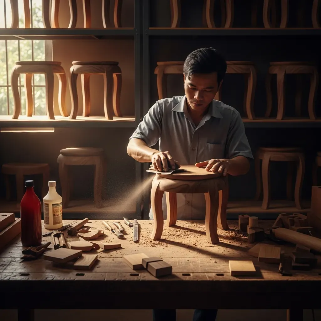 Người thợ mộc Việt Nam chế tác ghế đôn gỗ trong xưởng.