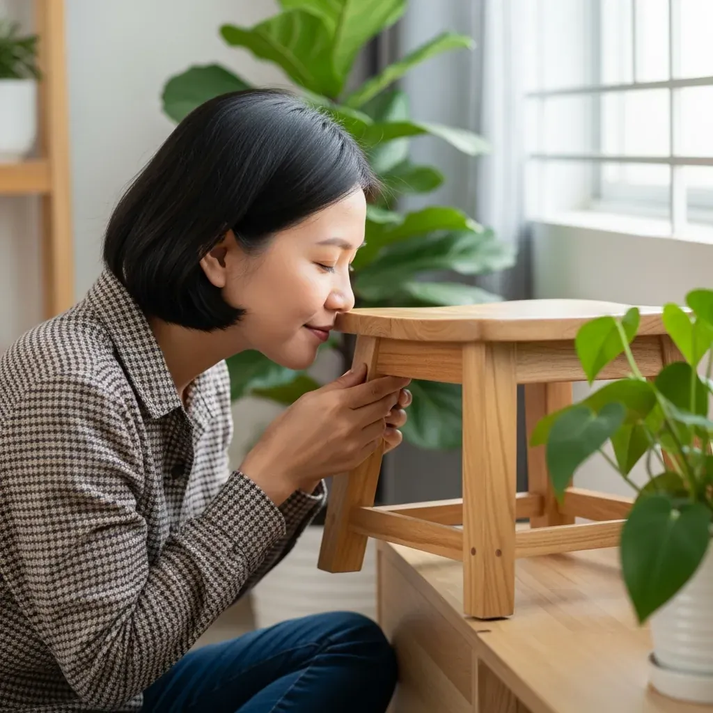 Người Việt Nam ngửi mặt dưới ghế đôn gỗ để kiểm tra mùi hóa chất.