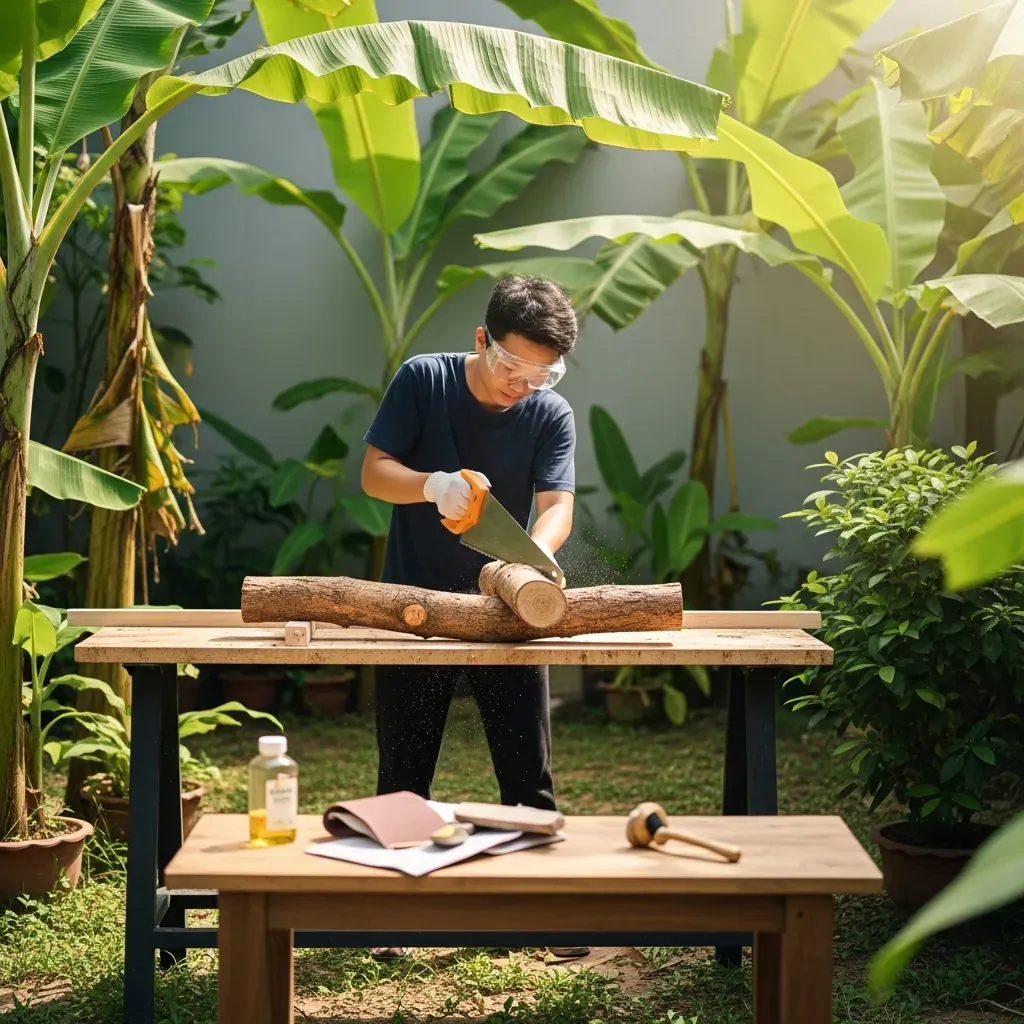 Người Việt Nam tự làm ghế đôn từ khúc gỗ nguyên khối trong vườn.