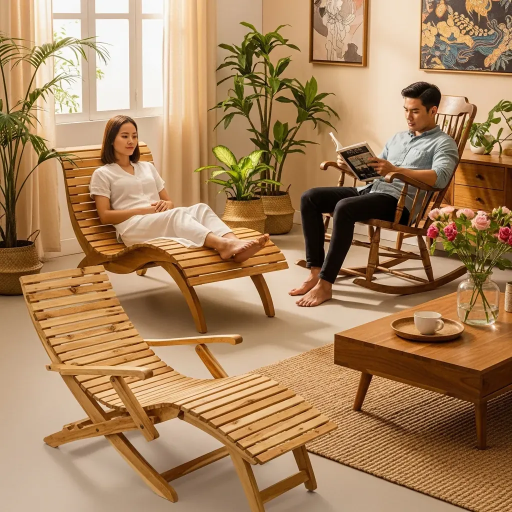 Ba loại ghế gỗ nằm khác nhau trong một phòng khách kiểu Việt Nam, gồm ghế thư giãn, ghế bập bênh và ghế gấp.