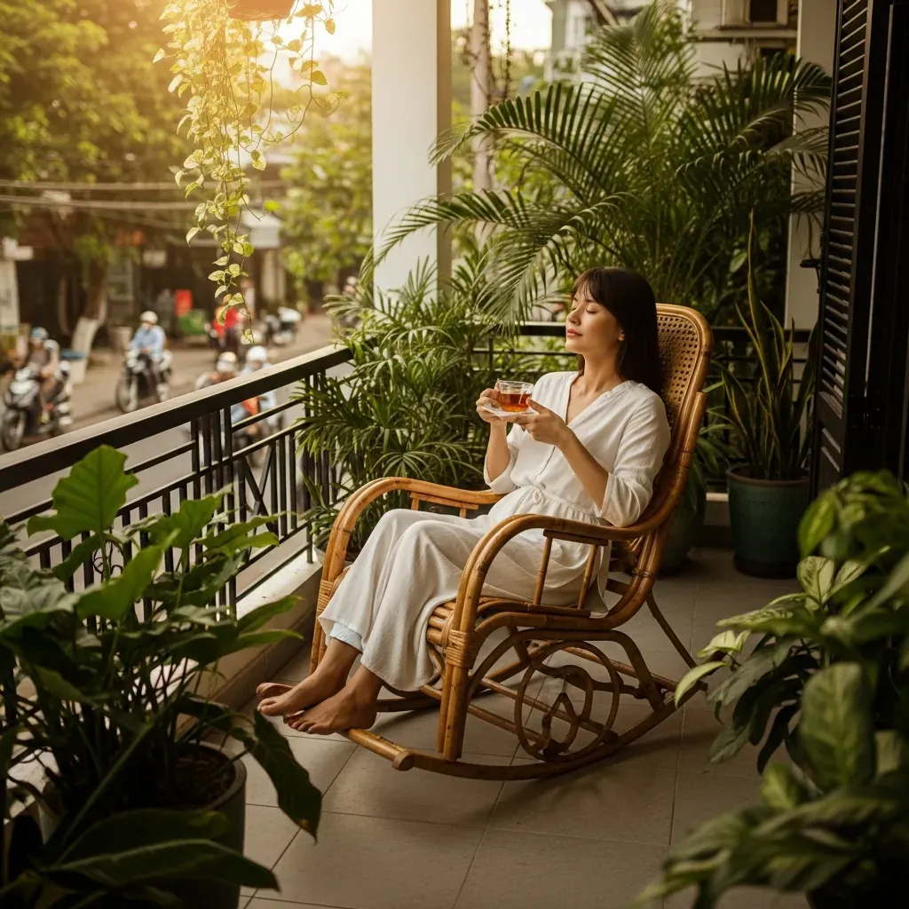 Ghế bập bênh bằng tre tự nhiên đặt tại ban công có mái che, một phụ nữ Việt đang thư giãn đung đưa.