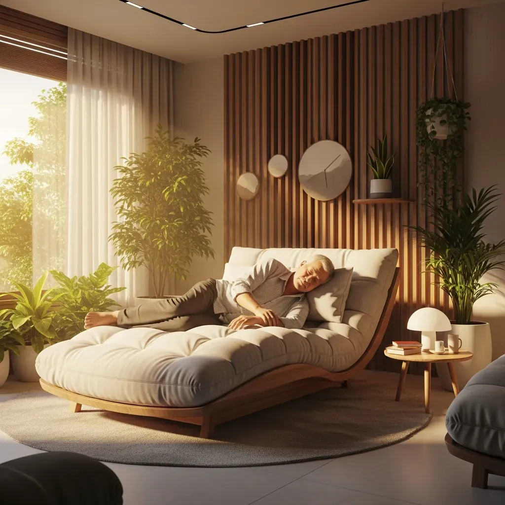 Ghế gỗ nằm kiểu Fat Furniture đồ sộ, bao bọc người đàn ông Việt cao tuổi đang ngủ trưa, không gian đa giác quan.