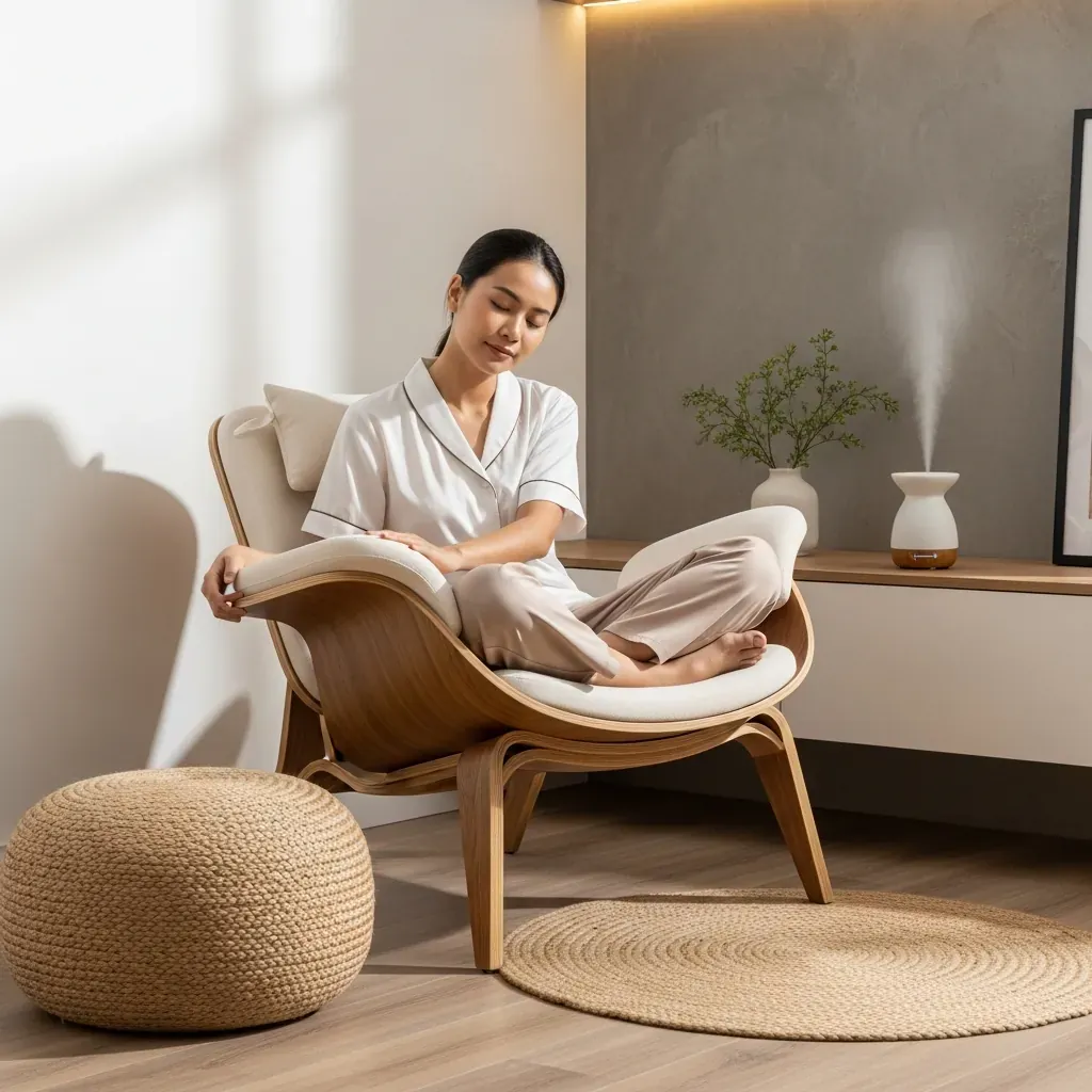 Ghế gỗ nằm plywood uốn cong ôm sát cơ thể trong góc thư giãn kiểu spa tại nhà Việt, có máy khuếch tán tinh dầu.