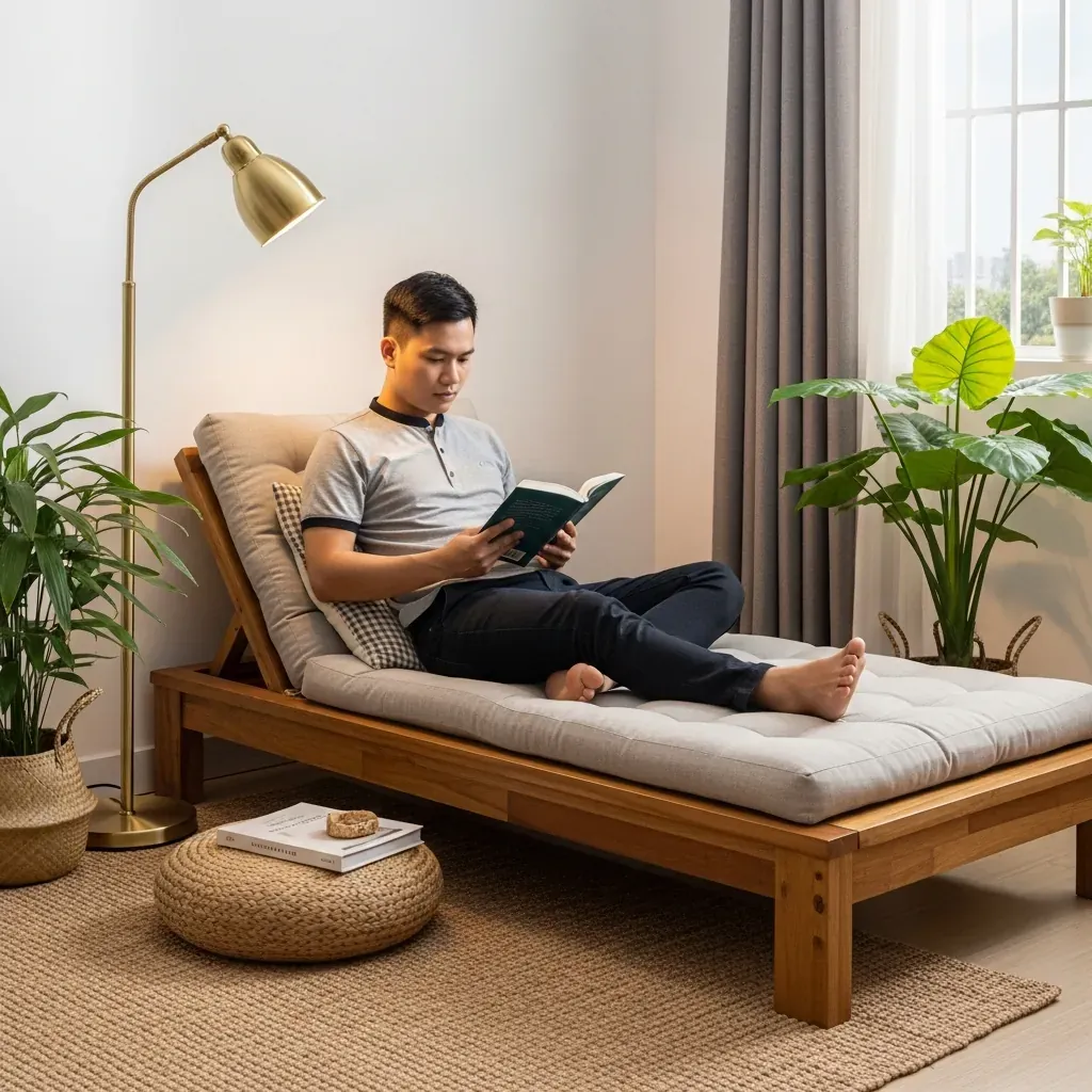 Góc đọc sách ấm cúng với ghế gỗ nằm, nệm êm, đèn vàng và thảm sợi tự nhiên trong nhà Việt.