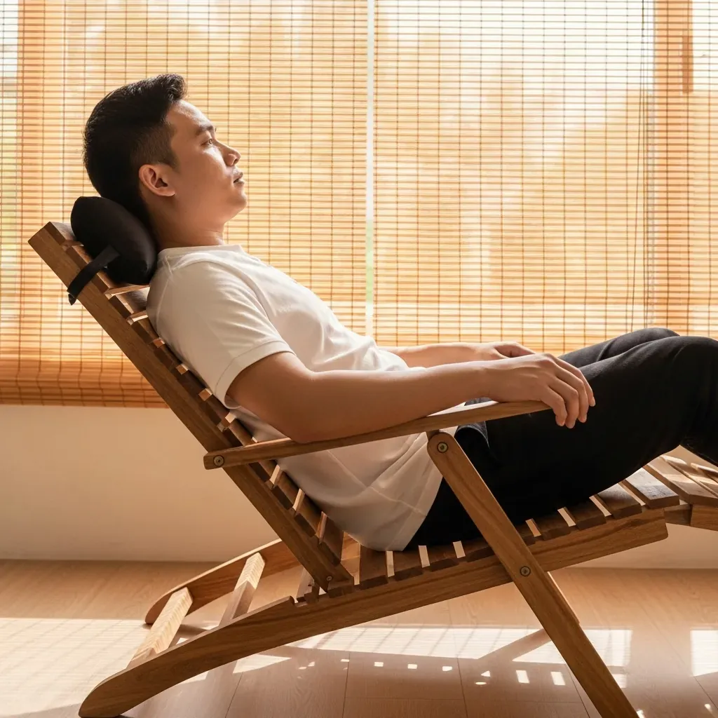 Người đàn ông Việt tựa lưng trên ghế gỗ nằm với góc ngả êm ái, thể hiện thiết kế công thái học.