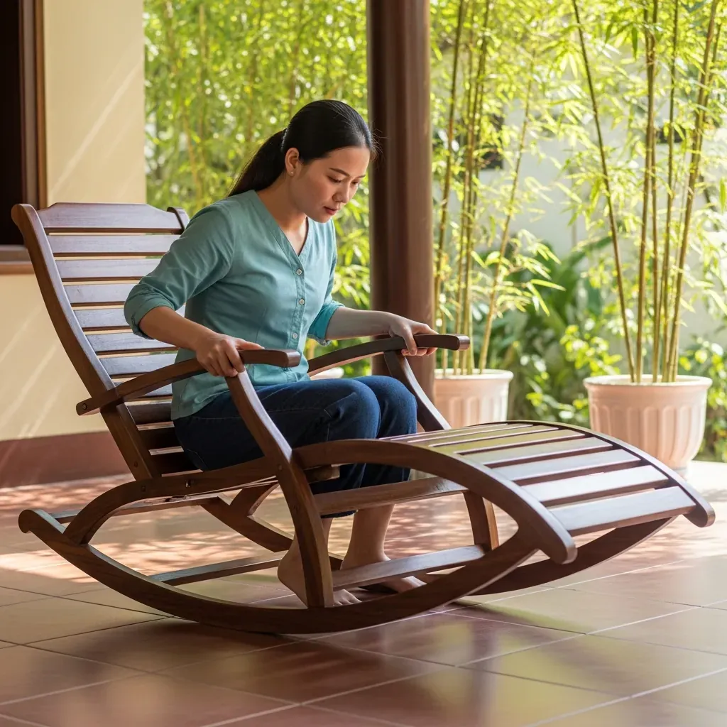 Người phụ nữ Việt dùng tay lắc nhẹ ghế gỗ nằm để kiểm tra độ vững, trong phòng khách nhà ống.