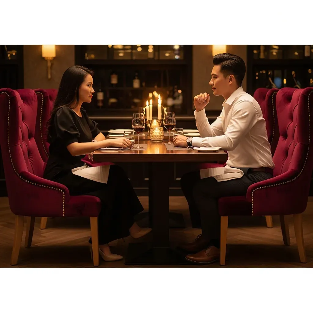 Cặp đôi người Việt dùng bữa tối lãng mạn trên ghế bọc nệm nhung cao cấp trong nhà hàng sang trọng.