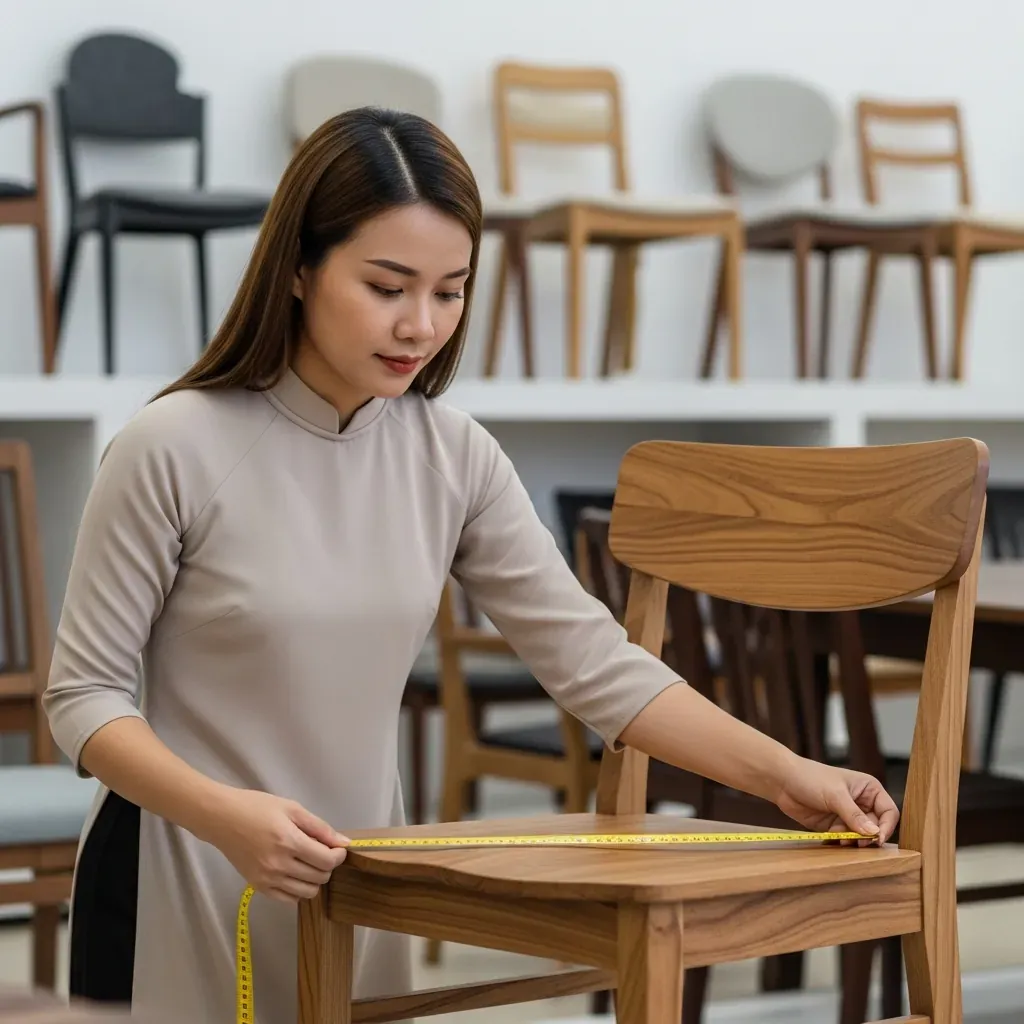 Chủ nhà hàng nữ người Việt đang đo chiều cao mặt ghế gỗ trong showroom nội thất.