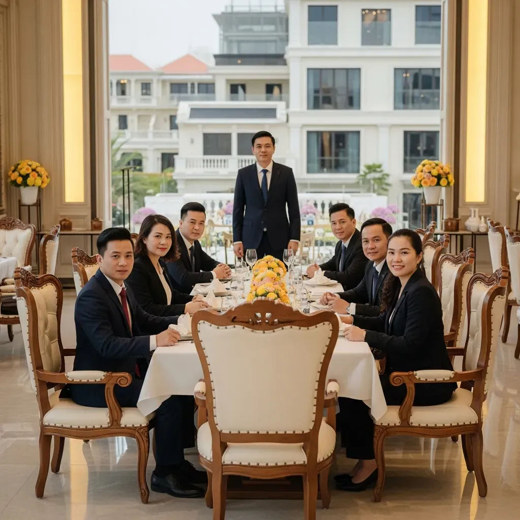 Doanh nhân Việt dự tiệc trong nhà hàng cao cấp với ghế gỗ bọc da sang trọng.