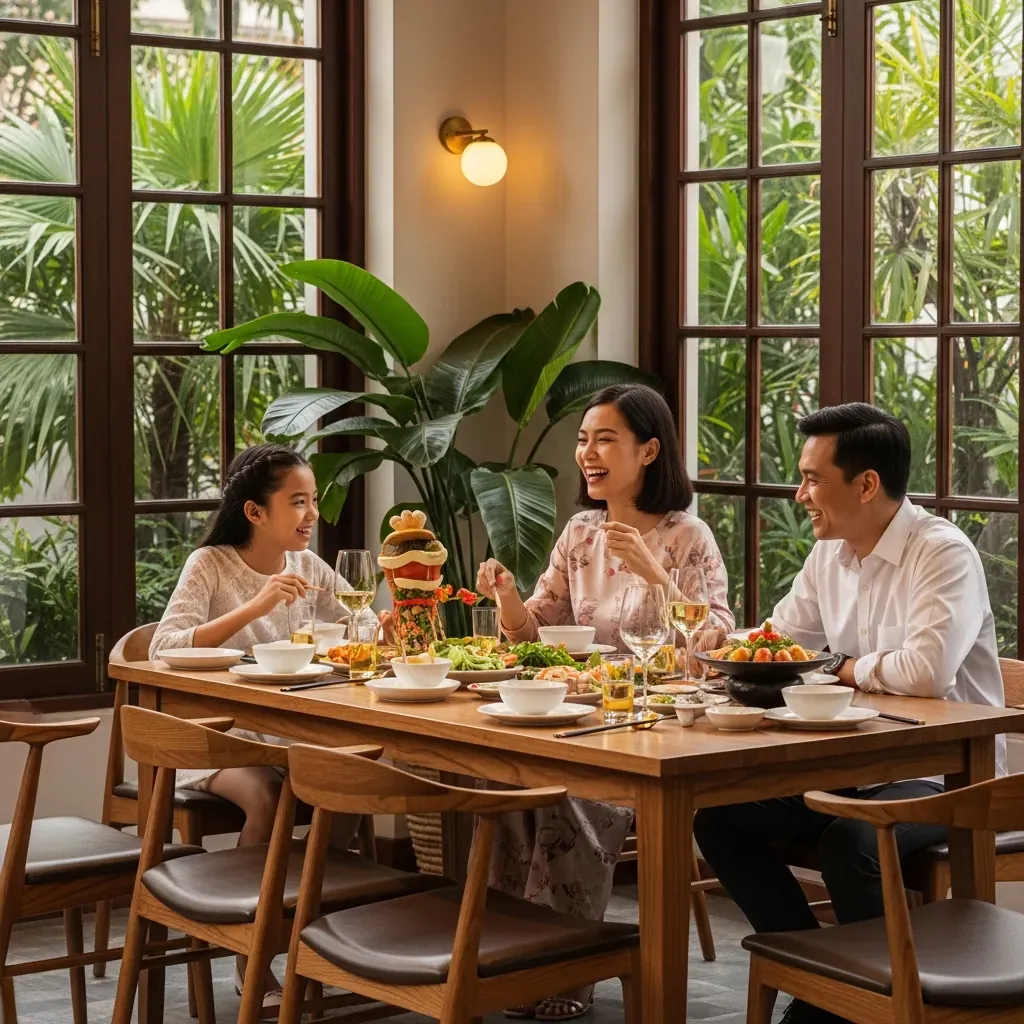 Gia đình người Việt đang dùng bữa trong nhà hàng ấm cúng với ghế gỗ tự nhiên.