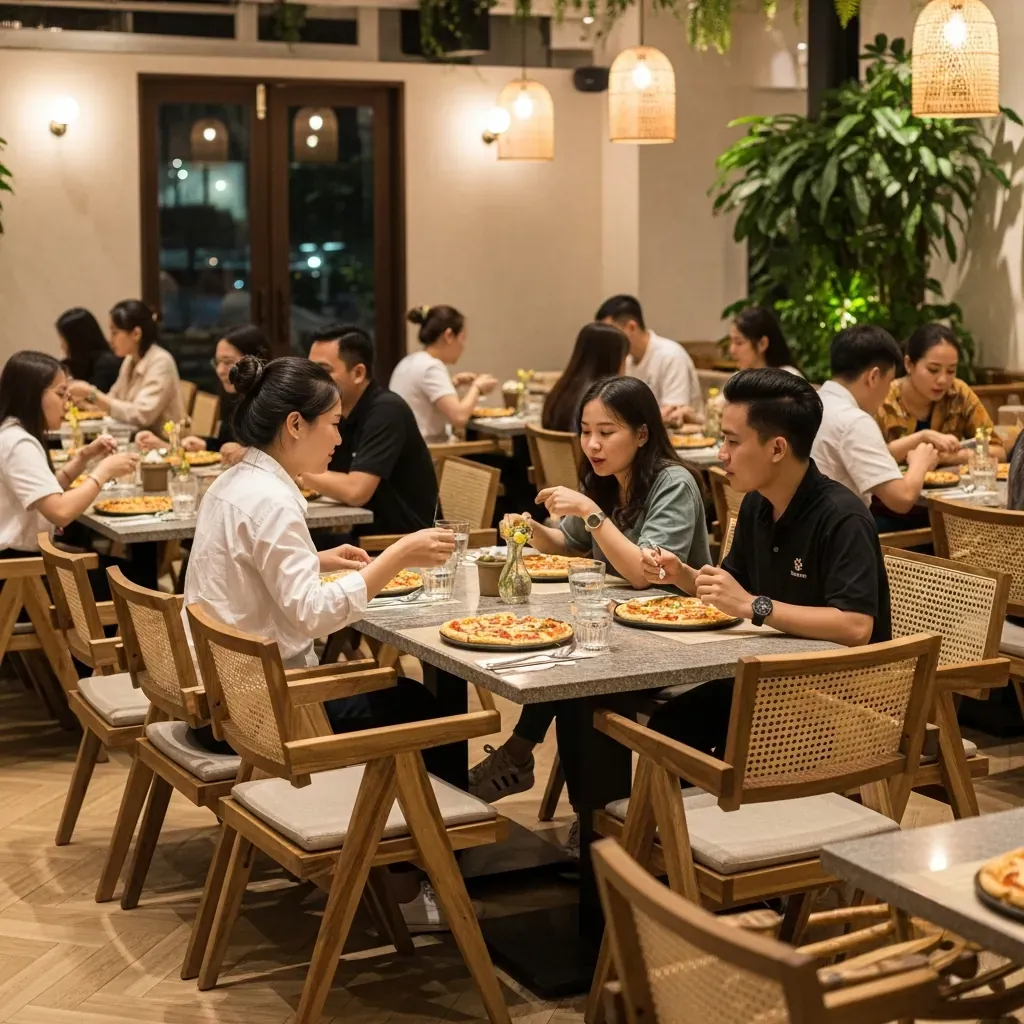 Không gian nhà hàng Pizza 4P's tại Landmark 72, Hà Nội với ghế gỗ keo và mây tre đan.