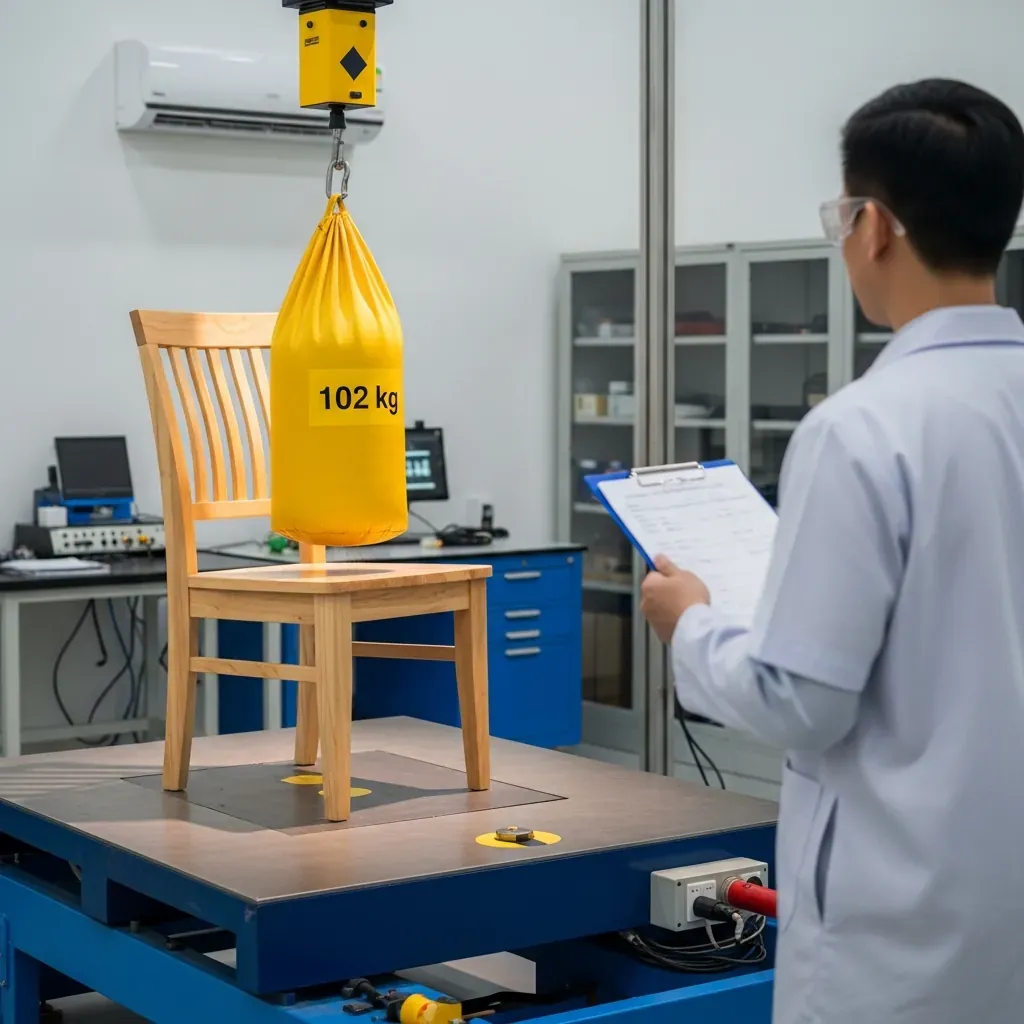 Kỹ thuật viên phòng thí nghiệm đang chuẩn bị thả túi cát nặng 102 kg lên ghế nhà hàng để kiểm tra độ bền theo tiêu chuẩn BIFMA.