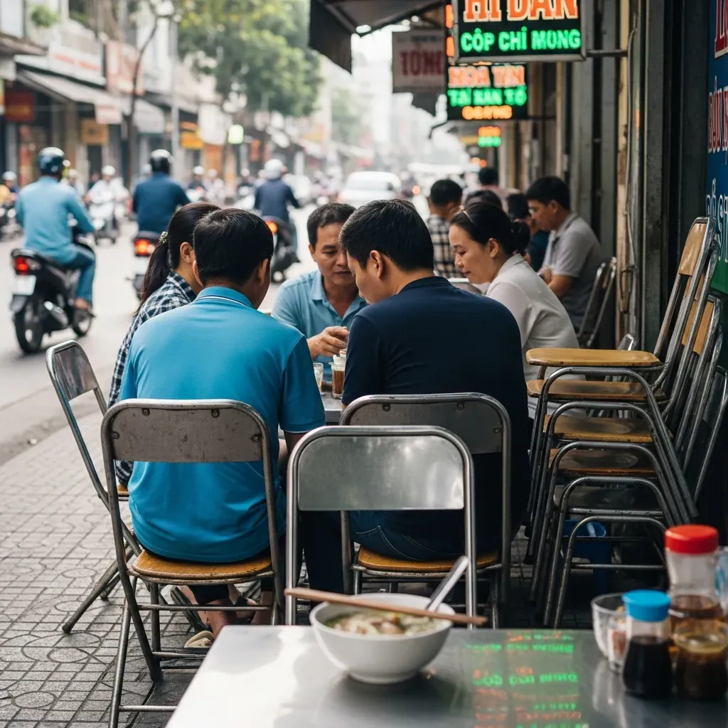 Quán ăn sáng bình dân Việt Nam với ghế sắt đơn giản, khách đang ăn phở.