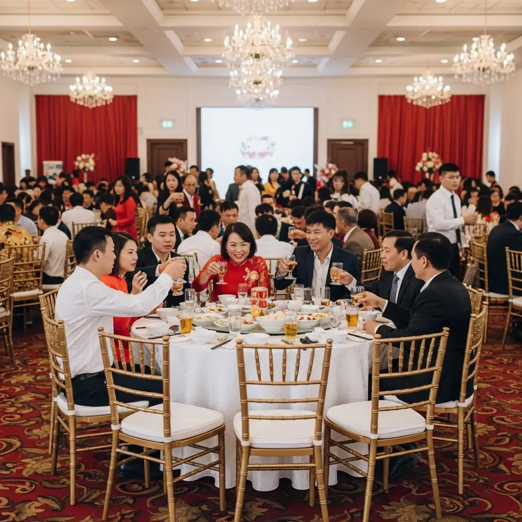 Tiệc cưới Việt Nam với hàng ghế tiệc bằng kim loại mạ vàng xếp gọn gàng.