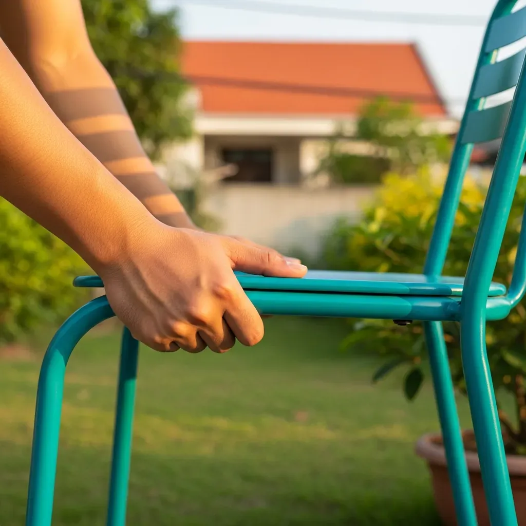 Bàn tay ấn mạnh vào mặt ghế sắt để kiểm tra độ dày, đặt trong sân vườn Việt Nam.