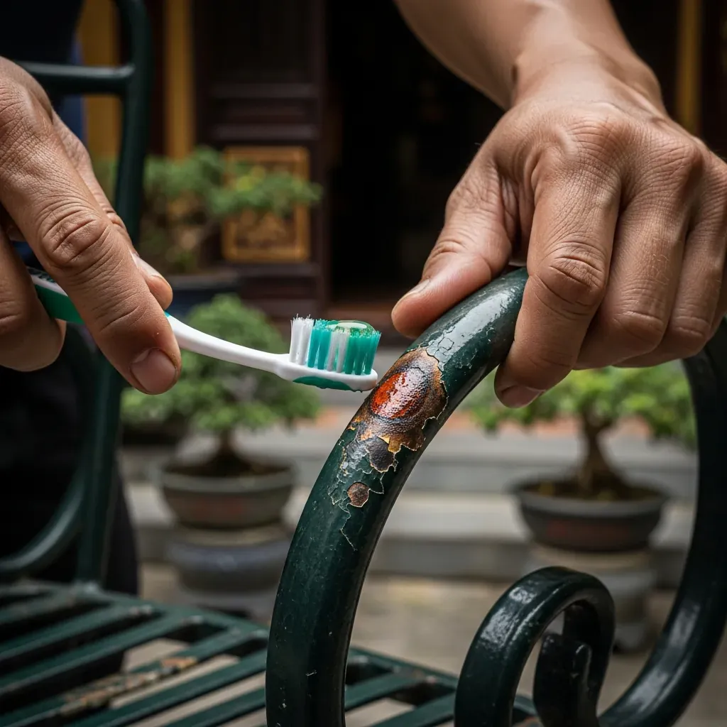 Bàn tay xử lý vết gỉ nhỏ trên ghế bằng bàn chải và dung dịch, sân vườn Việt.