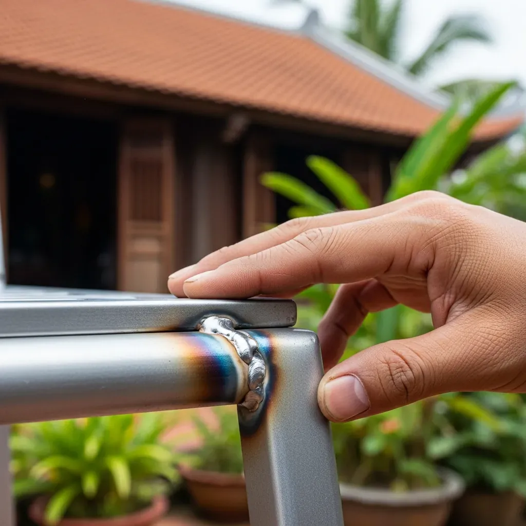Cận cảnh bàn tay chạm vào mối hàn mịn trên ghế sắt, nền nhà gỗ Việt.