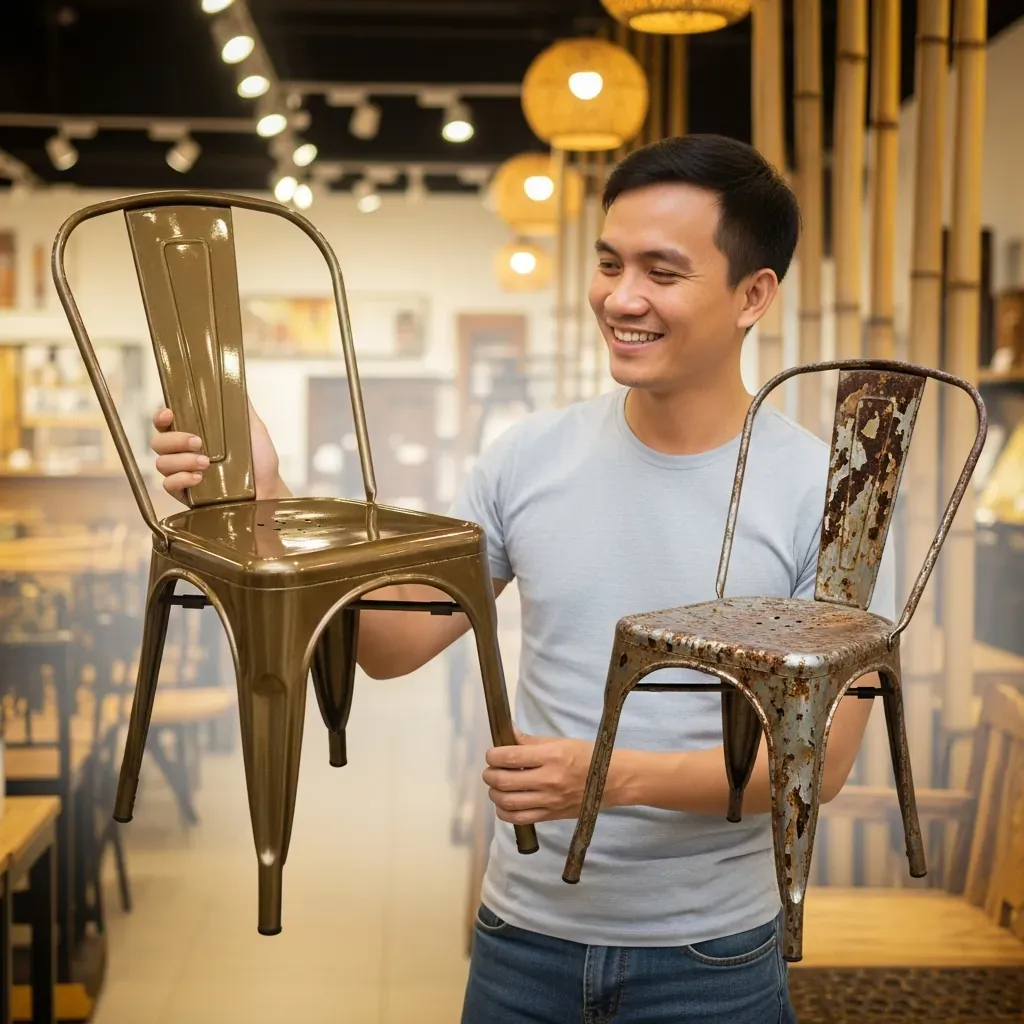 Người đàn ông mua ghế sắt tưởng tốt nhưng hiện ra ảo ảnh ghế bị gỉ sét hỏng hóc.