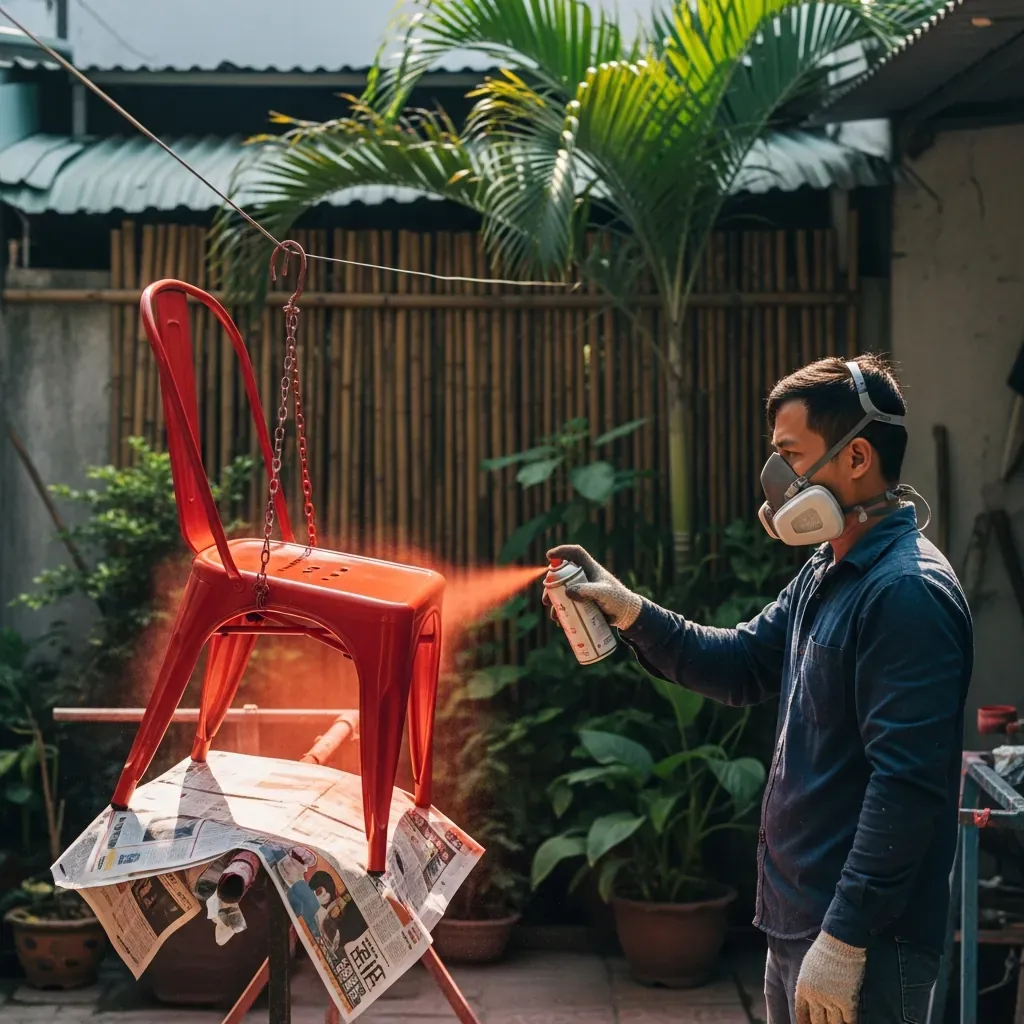 Người đàn ông phun sơn lại ghế sắt ngoài trời trong xưởng làm việc thoáng.