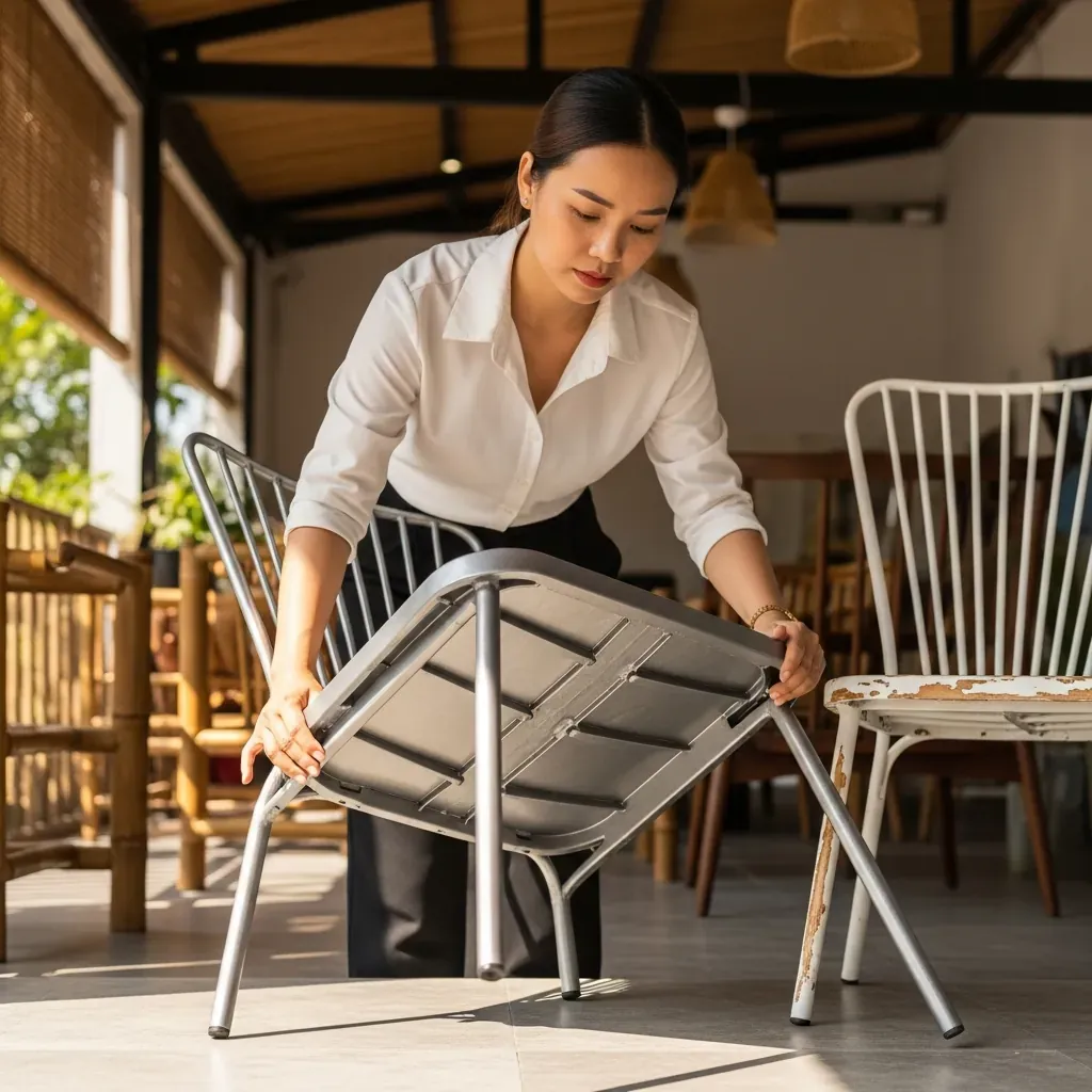 Người phụ nữ lật ngược ghế kiểm tra lớp sơn tĩnh điện mặt dưới tại showroom.