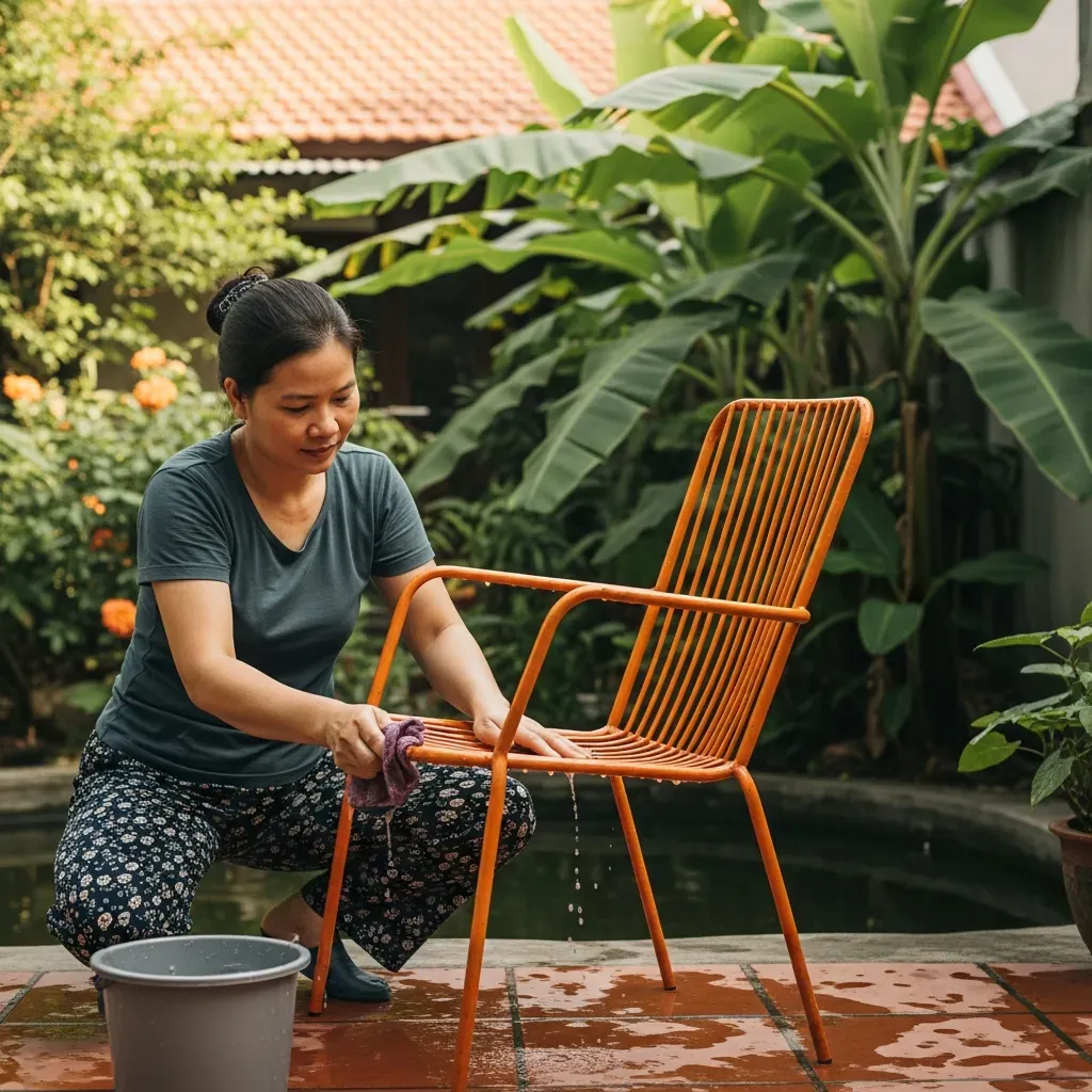 Phụ nữ lau chùi ghế sắt ngoài trời bằng khăn mềm trong vườn nhà nhiệt đới.